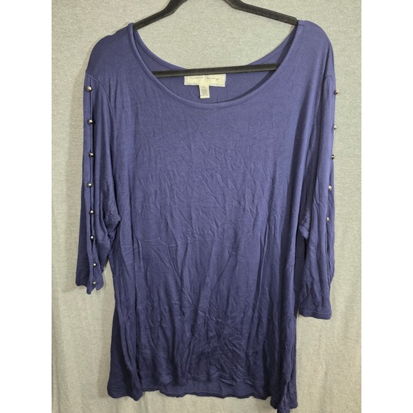 French Laundry Tops - French Laundry Tunic Top Plus Size XXX 3X Blue Soft Silver Bead‎ PeekABoo Sleeve